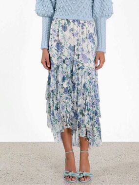 Zimmermann Blue & White Floral High-Low Tiered skirt